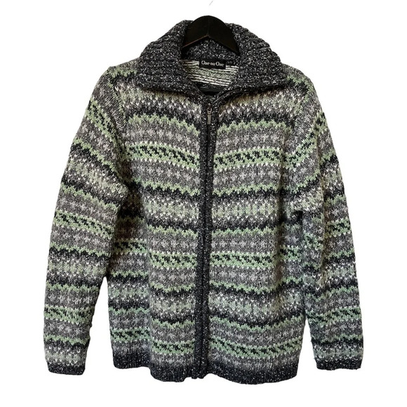 Vintage One on One Green Striped Marled Knit Grandma Full Zip Sweater - Picture 1 of 6